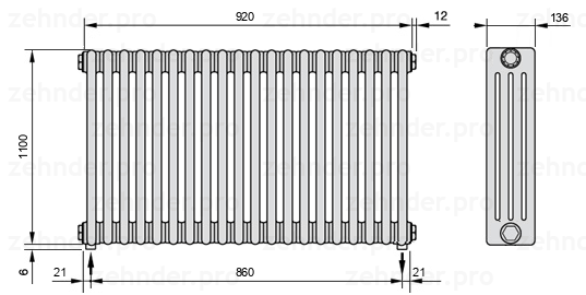 Схема (чертеж) Радиатор Zehnder Charleston 4110/20 №3570 Белый глянцевый RAL 9016